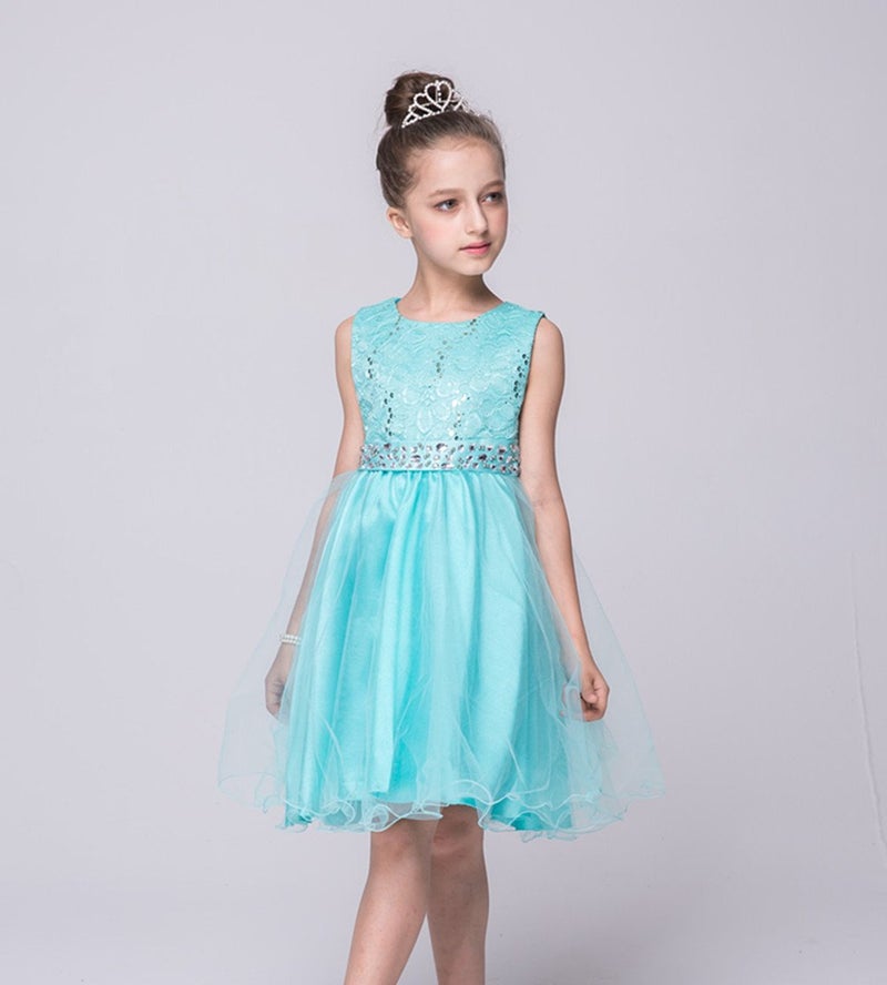DreamHigh Wedding Flower Girl's Sequined Shining Crystal Waist Evening Dress up Mint 7-8 Years - Image 4